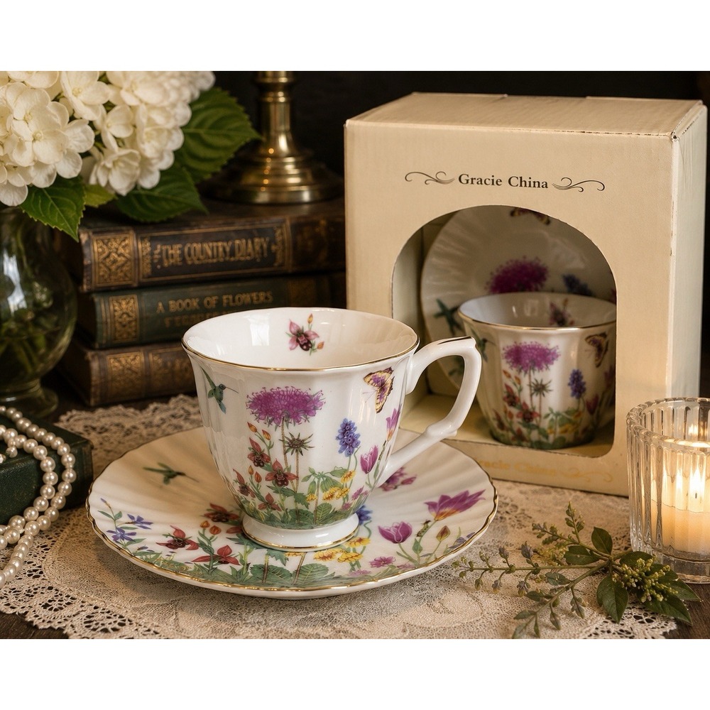Gracie China Spring Flowers Hummingbird Cup Saucer Set Gold Trim Boxed 7 Oz